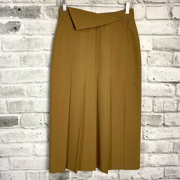 Vintage Camel Pleated High Rise Asymmetric Waist Midi Skirt - Picture 1 of 15